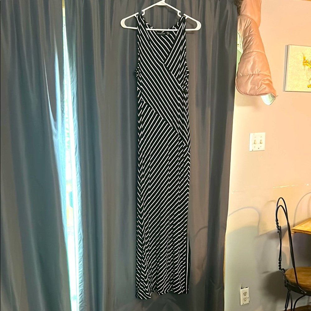 Nina Leonard Black and White Diagonal Striped Maxi Dress